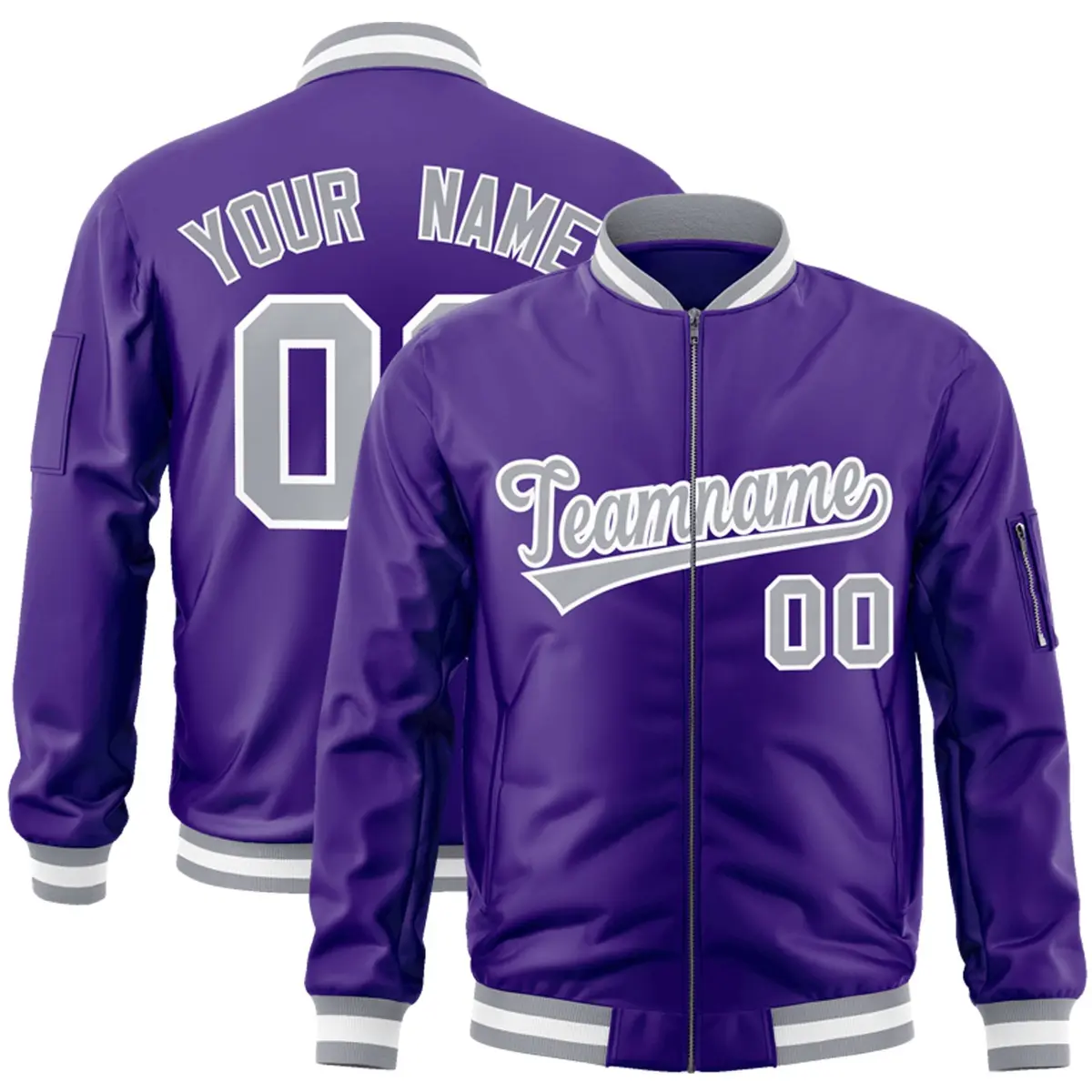 Purple Gray-White Varsity Full-Zip Letterman Bomber Jacket