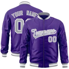 Purple Gray-White Varsity Full-Zip Letterman Bomber Jacket 1