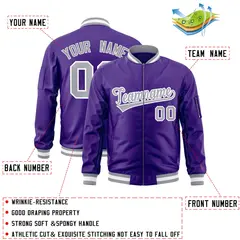 Purple Gray-White Varsity Full-Zip Letterman Bomber Jacket 2