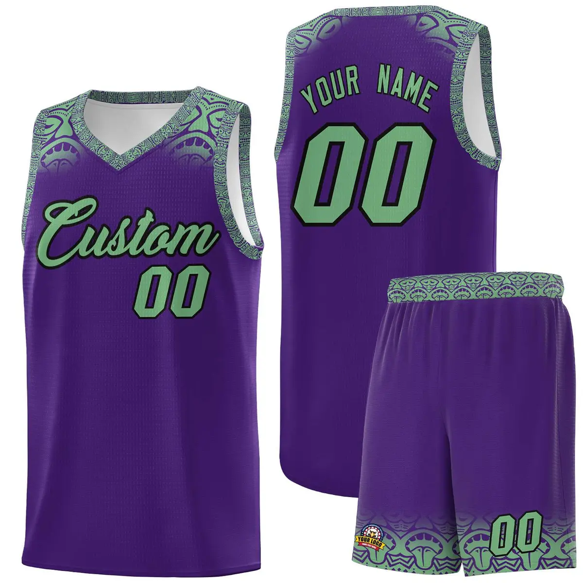Purple Green Indians Print Basketball Uniform Jersey
