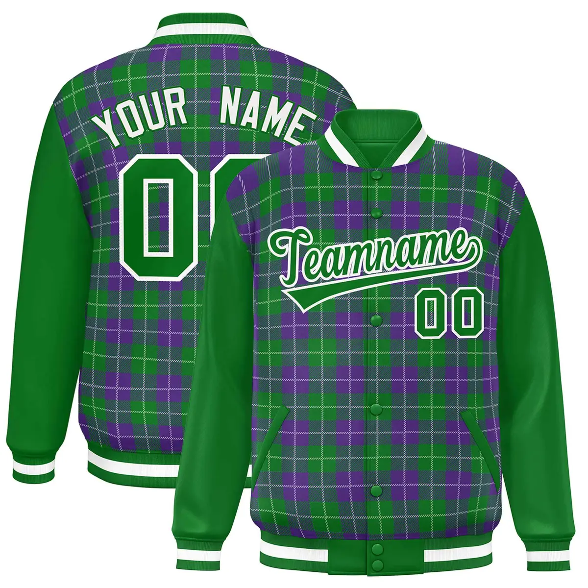 Purple Green-White Plaid Varsity Letterman Baseball Jacket