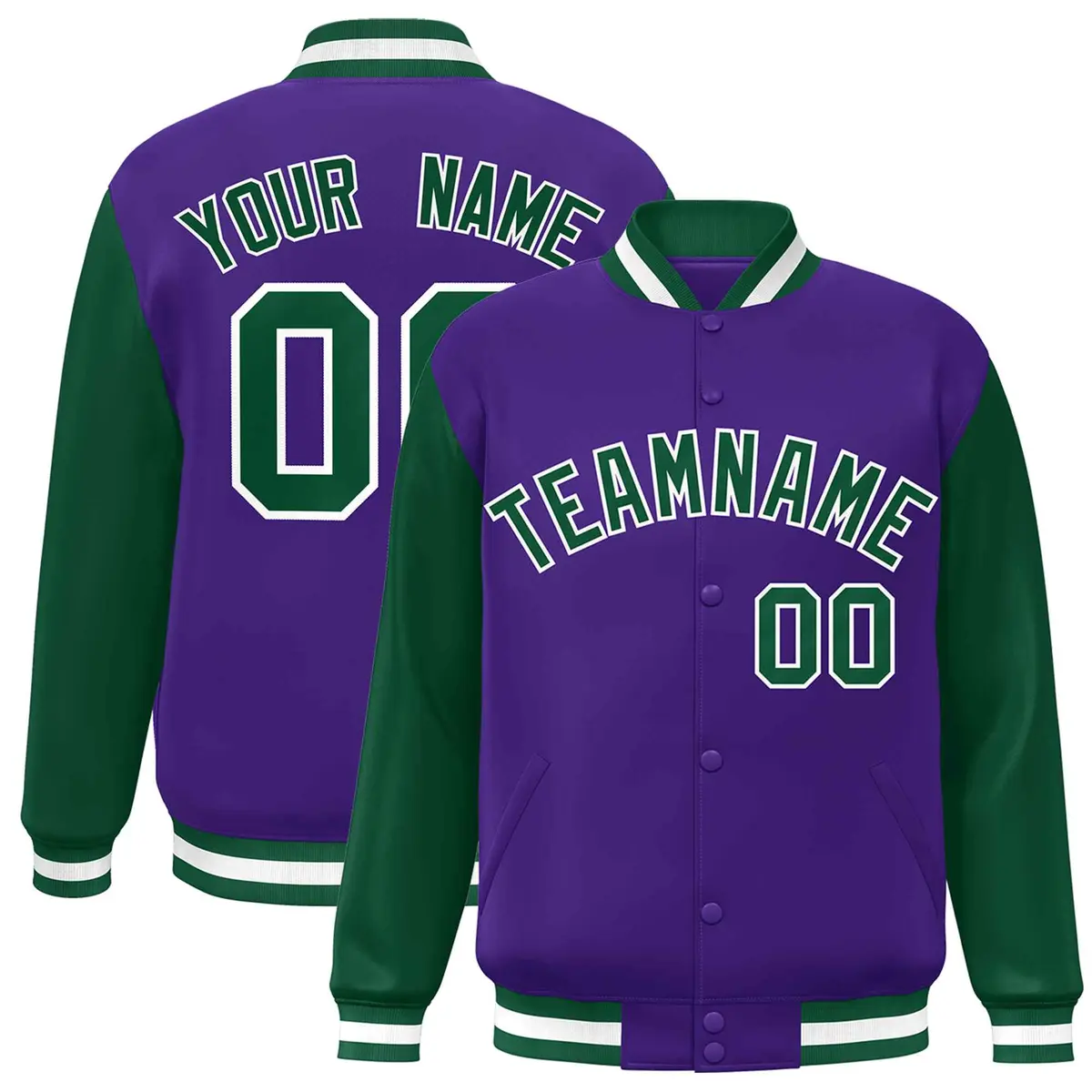 Purple Green-White Raglan Varsity Full-Snap Letterman Jacket