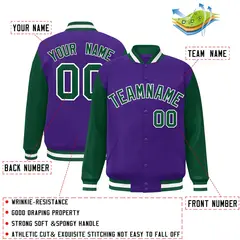 Purple Green-White Raglan Varsity Full-Snap Letterman Jacket 2