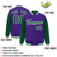 Purple Green-White Raglan Varsity Full-Snap Letterman Jacket 2