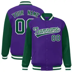Purple Green-White Raglan Varsity Full-Snap Letterman Jacket 1