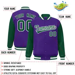 Purple Green-White Raglan Varsity Full-Snap Letterman Jacket 2