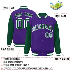 Purple Green-White Raglan Varsity Full-Snap Letterman Jacket 2