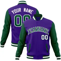 Purple Green-White Raglan Varsity Full-Snap Letterman Jacket