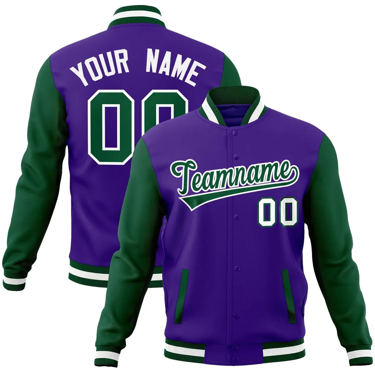 Purple Green-White Raglan Varsity Full-Snap Letterman Jacket