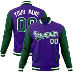 Purple Green-White Raglan Varsity Full-Snap Letterman Jacket 1