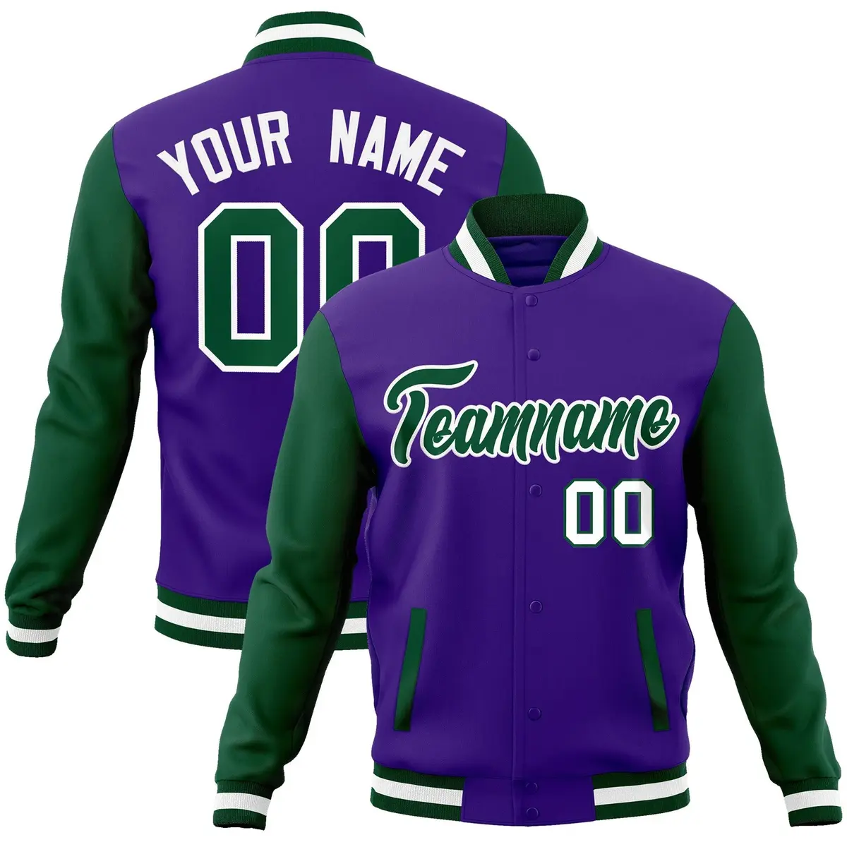 Purple Green-White Raglan Varsity Full-Snap Letterman Jacket