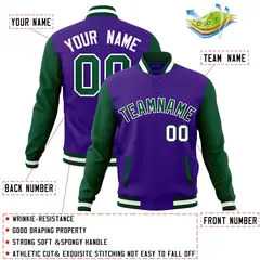 Purple Green-White Raglan Varsity Full-Snap Letterman Jacket 4