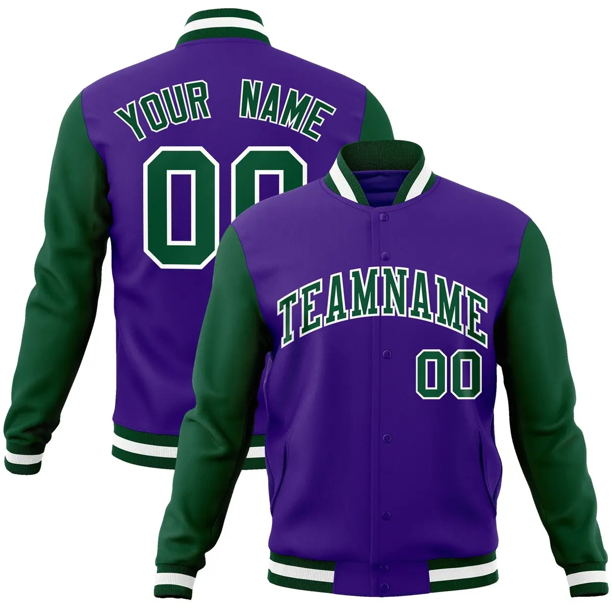 Purple Green-White Raglan Varsity Full-Snap Letterman Jacket