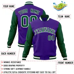 Purple Green-White Raglan Varsity Full-Snap Letterman Jacket 4