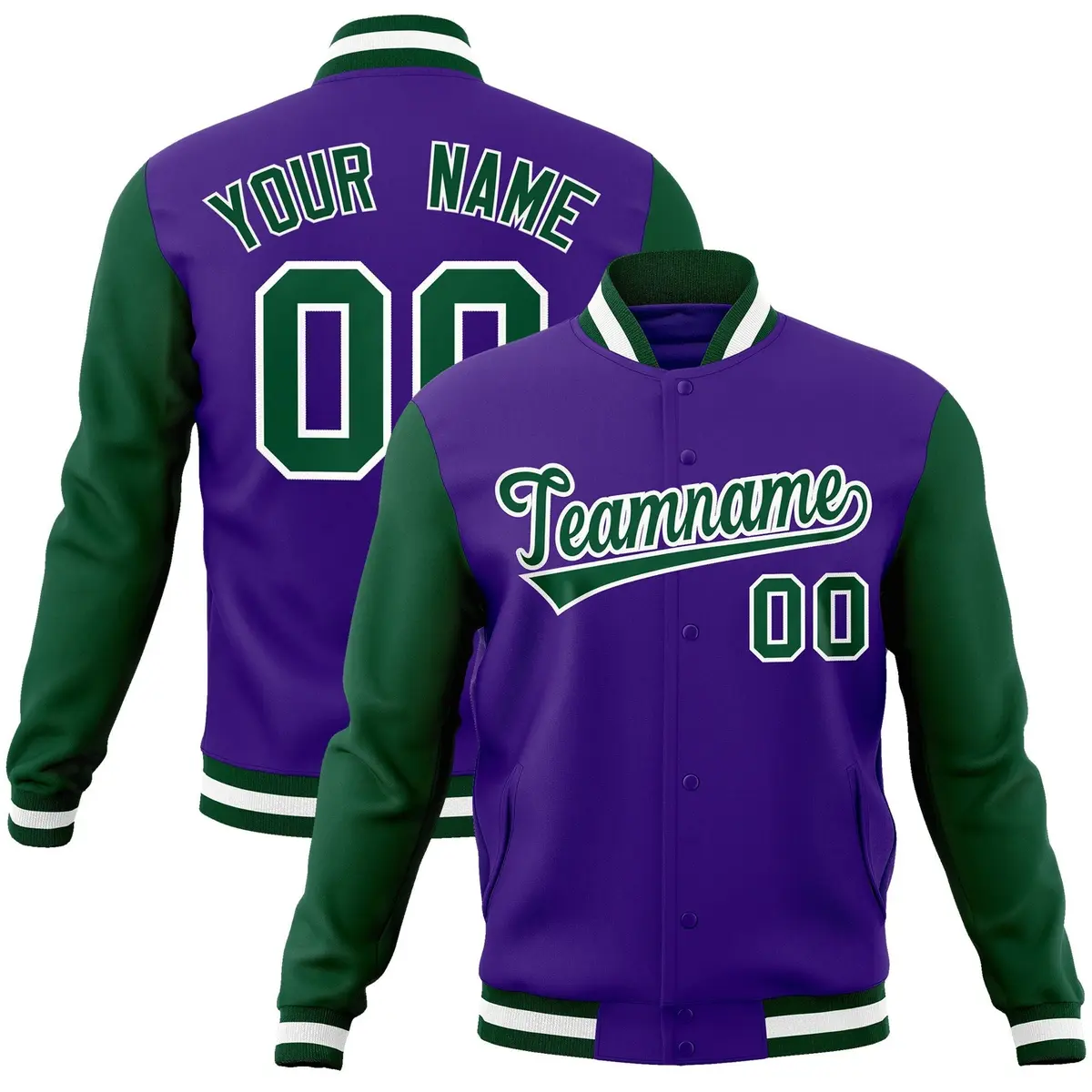Purple Green-White Raglan Varsity Full-Snap Letterman Jacket