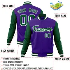 Purple Green-White Raglan Varsity Full-Snap Letterman Jacket 4