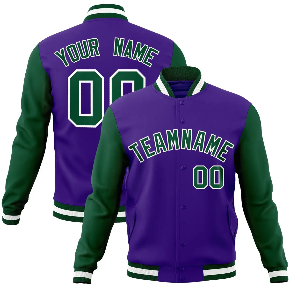 Purple Green-White Raglan Varsity Full-Snap Letterman Jacket