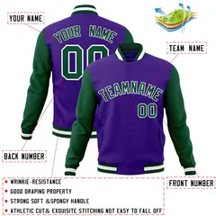 Purple Green-White Raglan Varsity Full-Snap Letterman Jacket 4