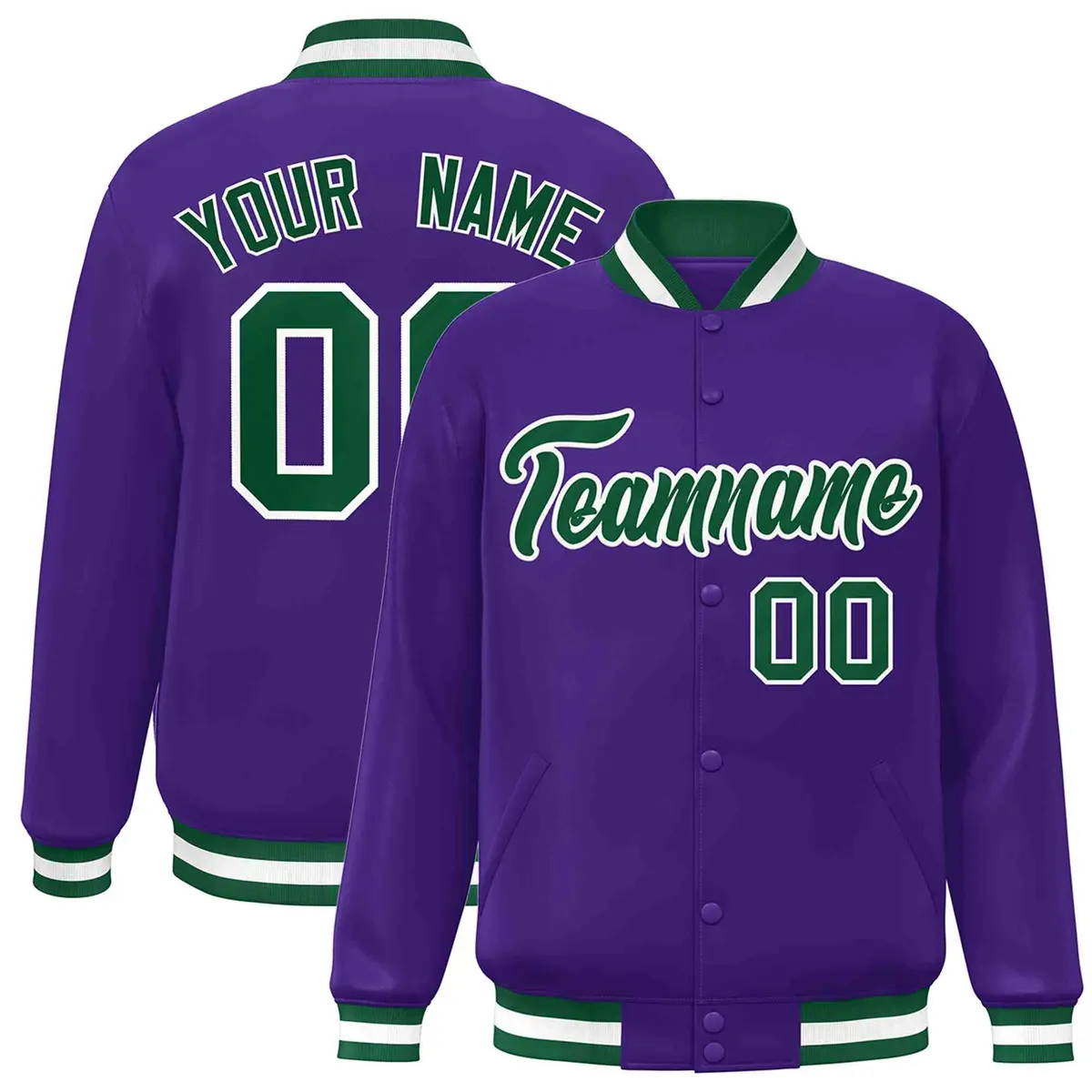 Purple Green-White Varsity Full-Snap Letterman Jacket