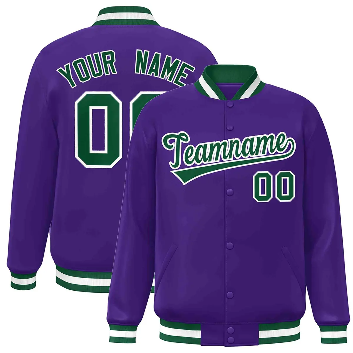 Purple Green-White Varsity Full-Snap Letterman Jacket