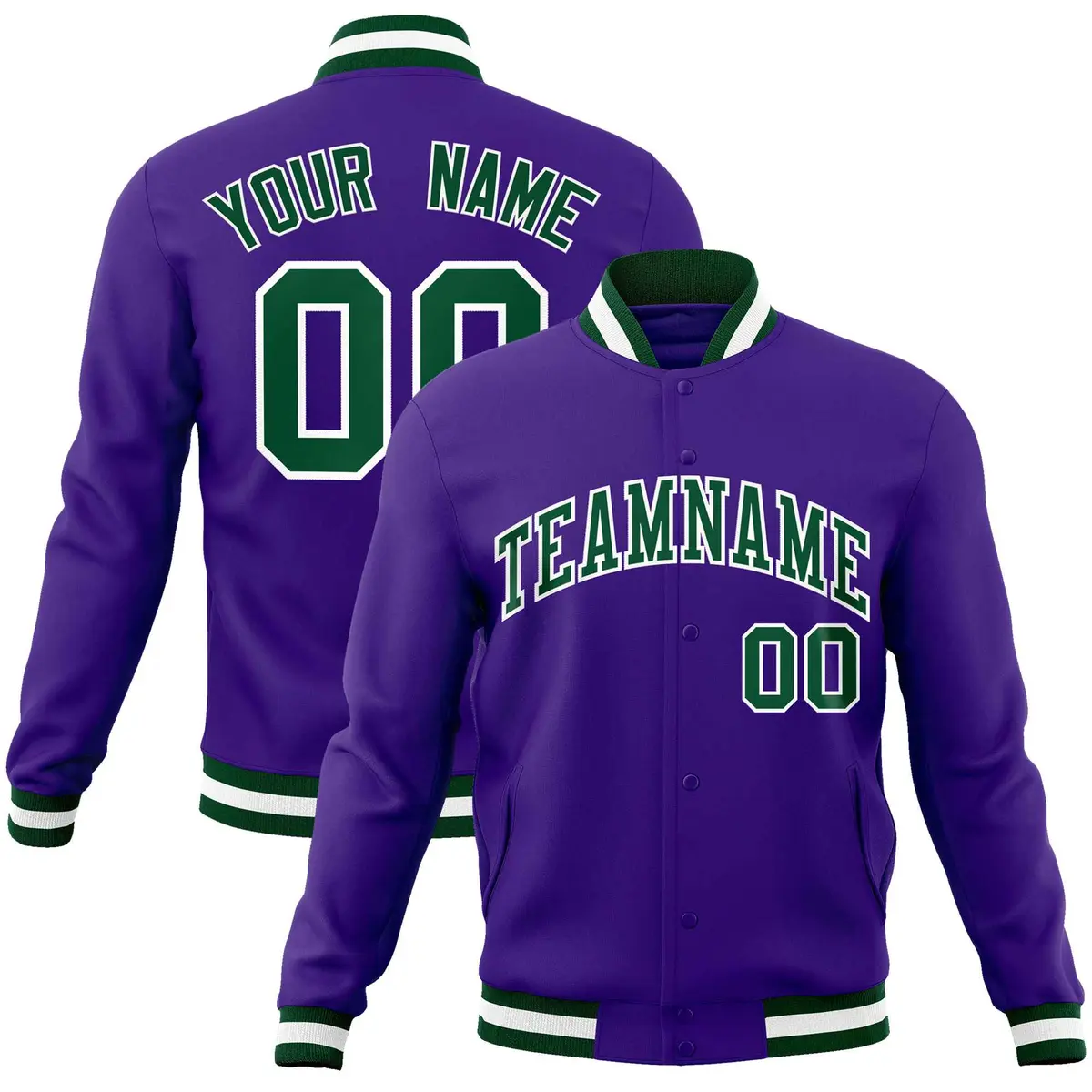 Purple Green-White Varsity Full-Snap Letterman Jacket