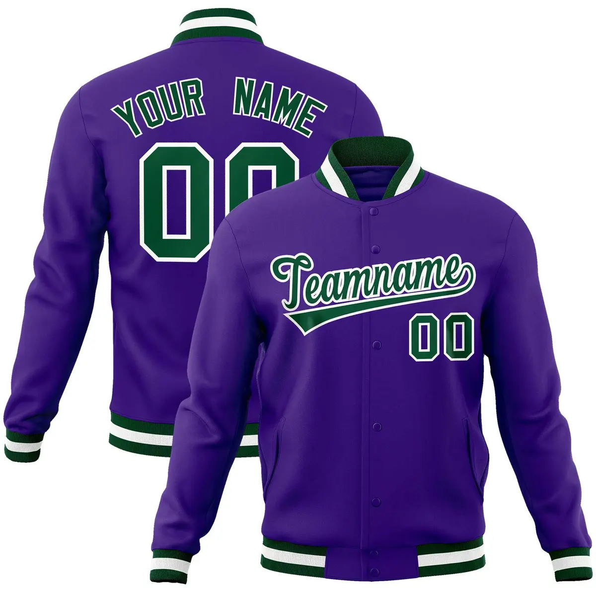 Purple Green-White Varsity Full-Snap Letterman Jacket