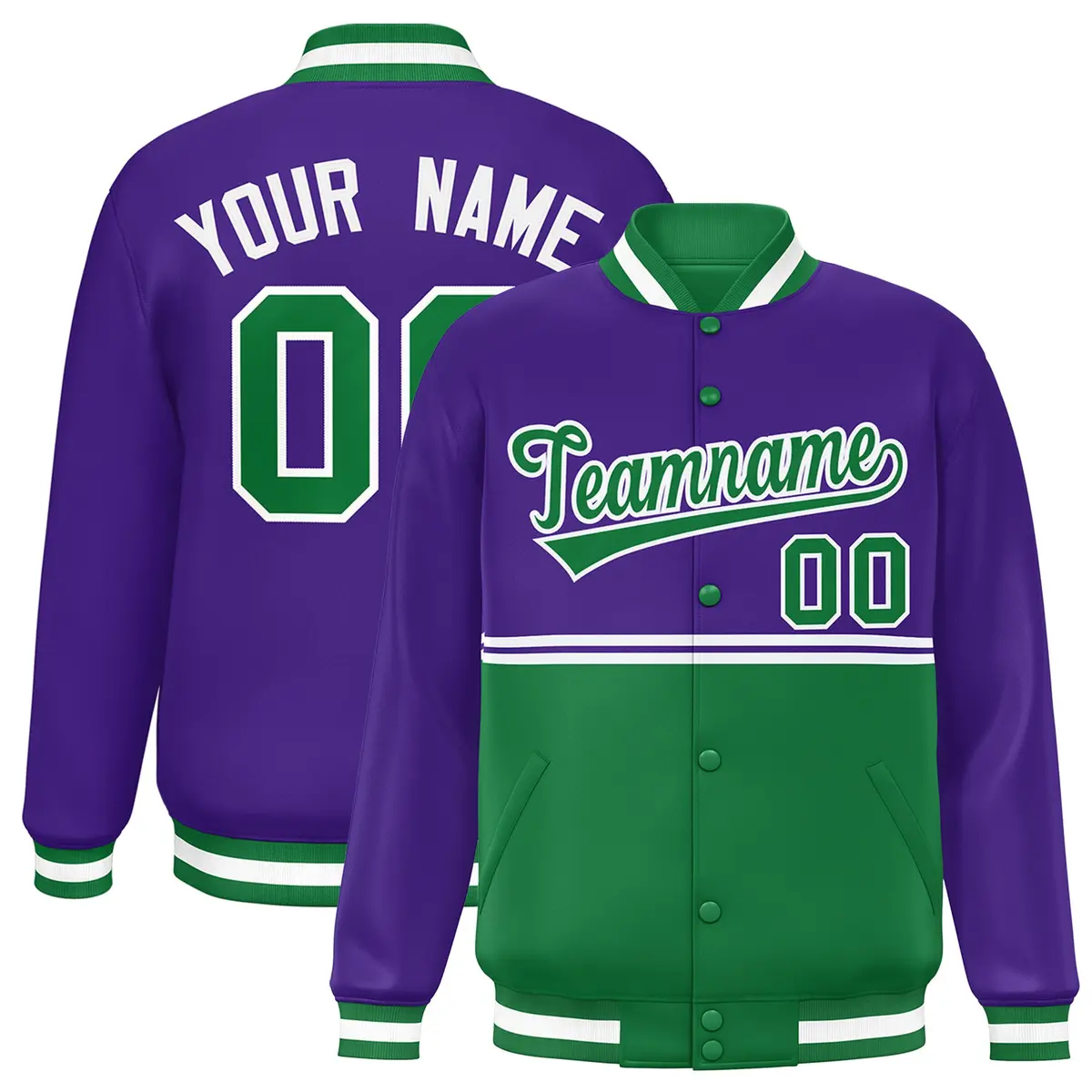 Purple Kelly Green Color Block Varsity Full-Snap Letterman Jacket