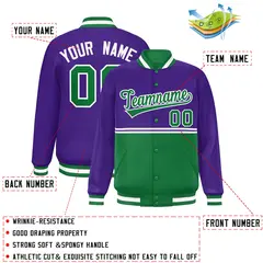 Purple Kelly Green Color Block Varsity Full-Snap Letterman Jacket 2