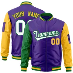 Purple Kelly Green-Gold Raglan Full-Zip Varsity Letterman Bomber Jacket