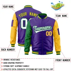Purple Kelly Green-Gold Raglan Full-Zip Varsity Letterman Bomber Jacket 2