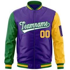 Purple Kelly Green-Gold Raglan Full-Zip Varsity Letterman Bomber Jacket 3