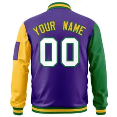 Purple Kelly Green-Gold Raglan Full-Zip Varsity Letterman Bomber Jacket 4