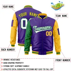Purple Kelly Green-Gold Raglan Full-Zip Varsity Letterman Bomber Jacket 2