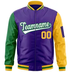 Purple Kelly Green-Gold Raglan Full-Zip Varsity Letterman Bomber Jacket 3