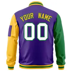 Purple Kelly Green-Gold Raglan Full-Zip Varsity Letterman Bomber Jacket 4
