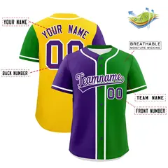 Purple Kelly Green Gold Split Mardi Gras Baseball Jersey 3