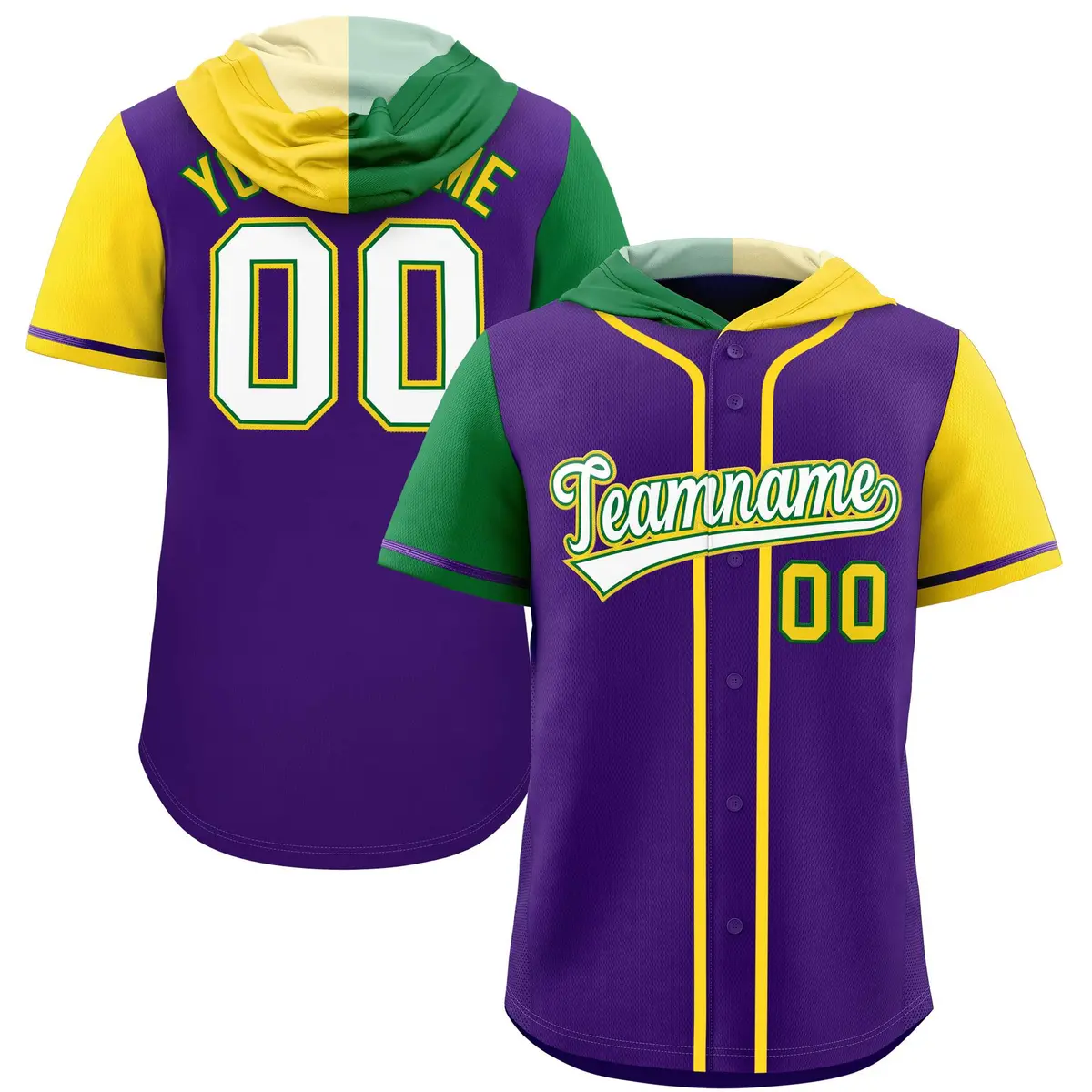 Purple Kelly Green Gold Split Raglan Baseball Hoodie Jersey