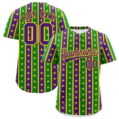 Purple Kelly Green Gold Stripe Mardi Gras Baseball Jersey