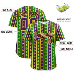 Purple Kelly Green Gold Stripe Mardi Gras Baseball Jersey 3