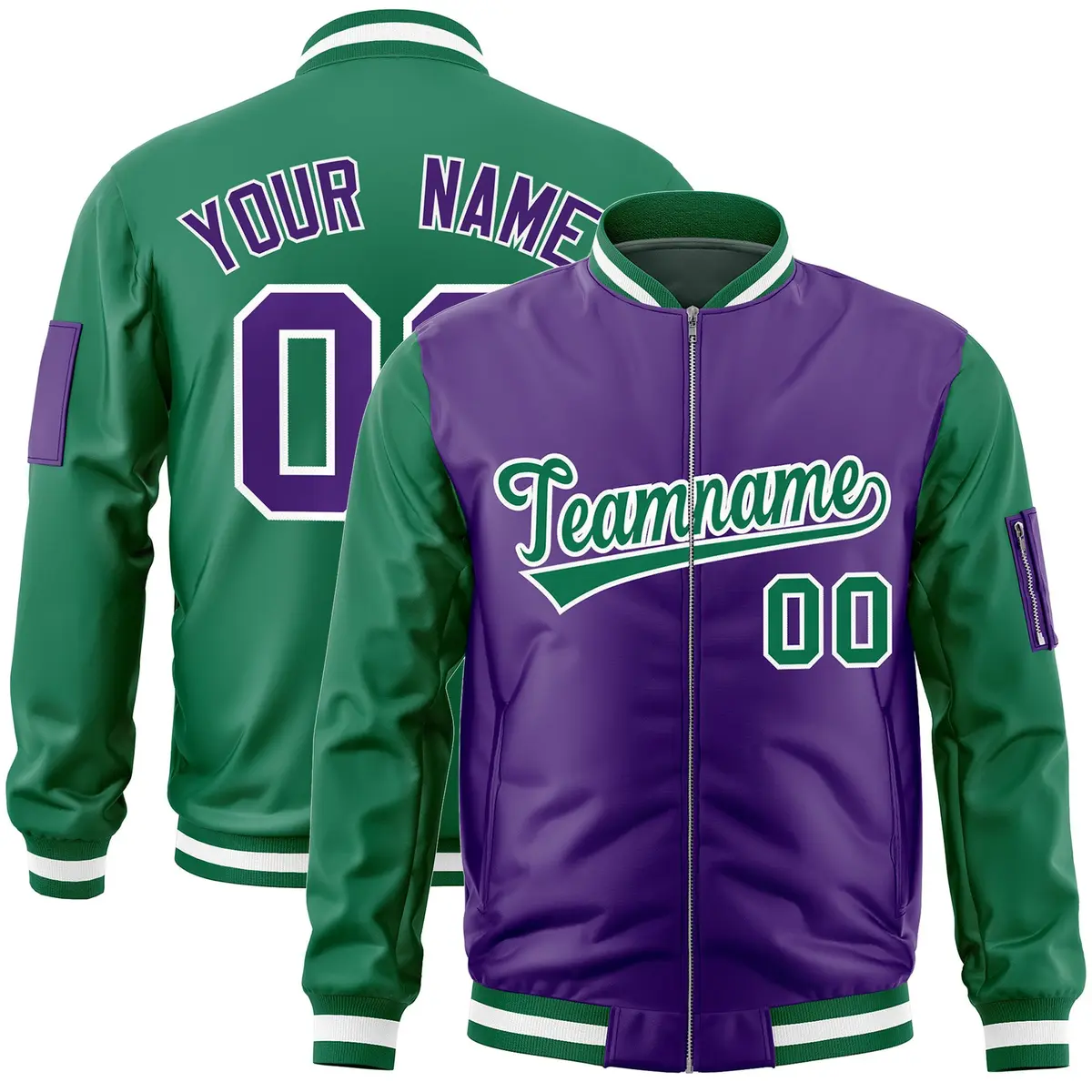 Purple Kelly Green Two-Tone Varsity Letterman Bomber Jacket