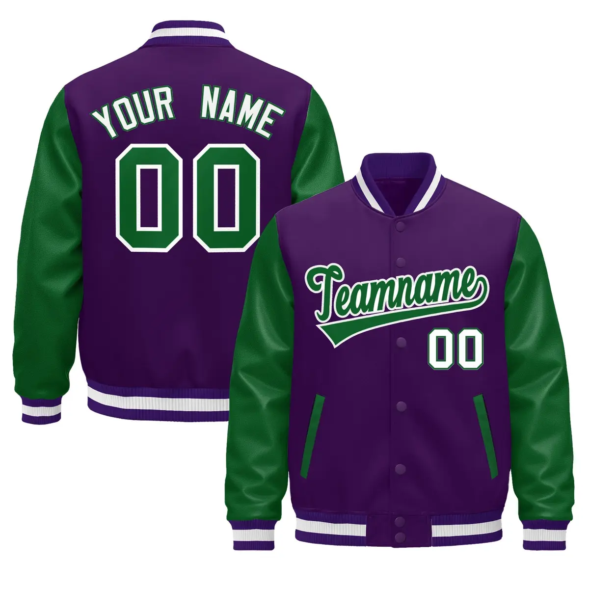 Purple Kelly Green White Raglan Full-Snap Letterman Jacket Leather Sleeves