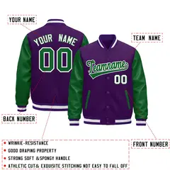Purple Kelly Green White Raglan Full-Snap Letterman Jacket Leather Sleeves 2