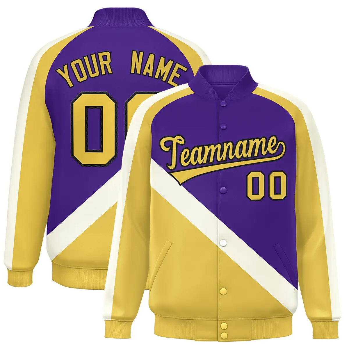 Purple Khaki Raglan Varsity Full-Snap Letterman Baseball Jacket