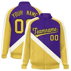 Purple Khaki Raglan Varsity Full-Snap Letterman Baseball Jacket 1