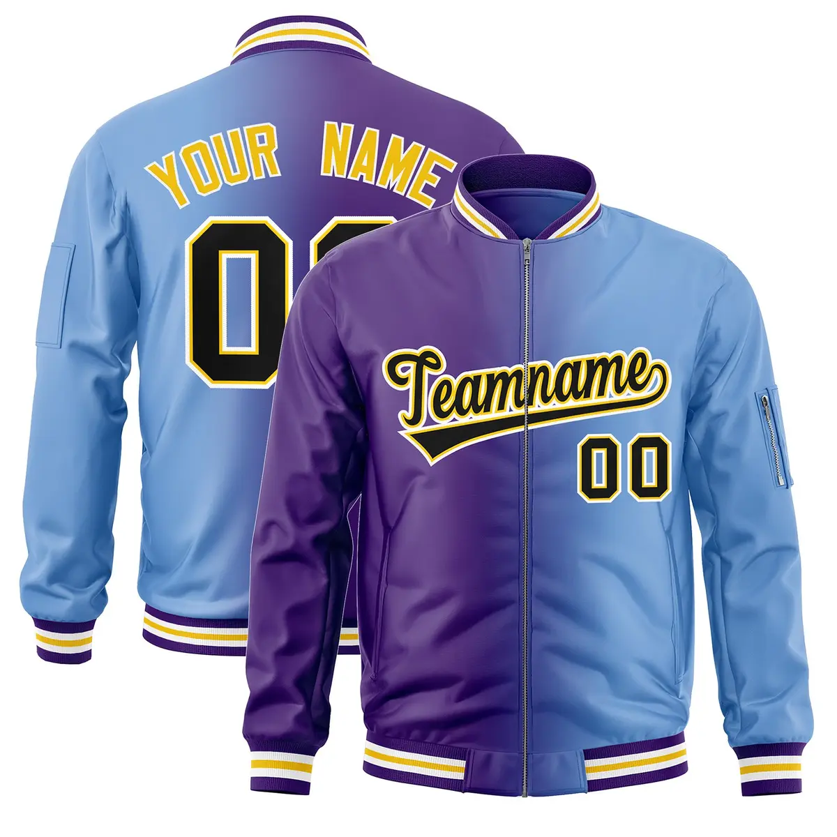 Purple Light Blue Gradient Full-Zip Letterman Bomber Jacket