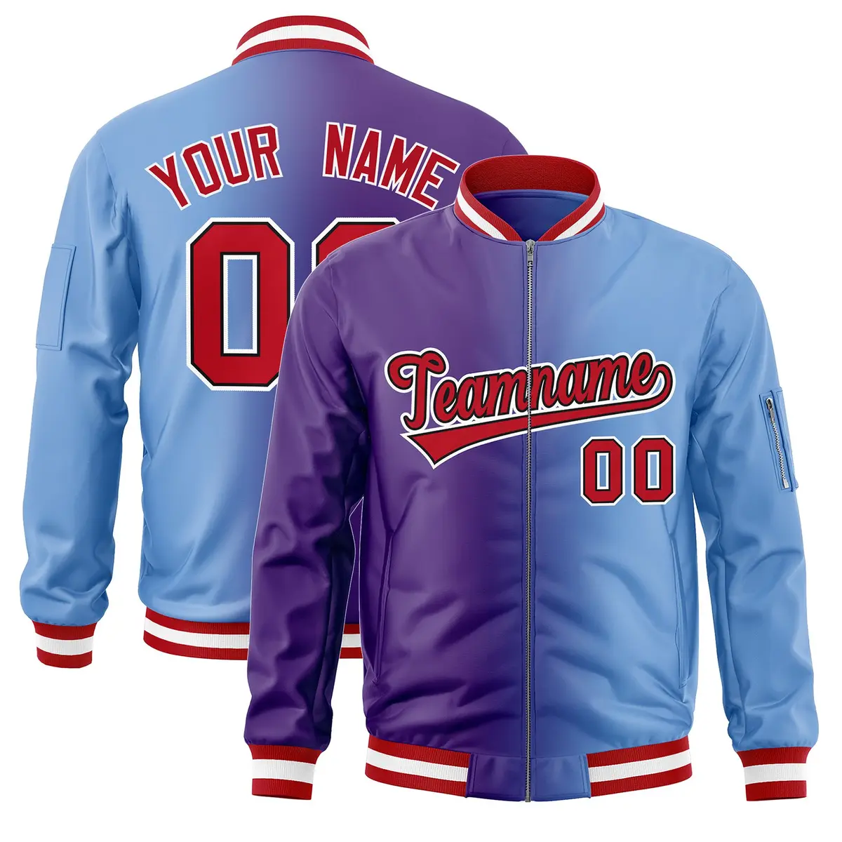 Purple Light Blue Gradient Full-Zip Letterman Bomber Jacket