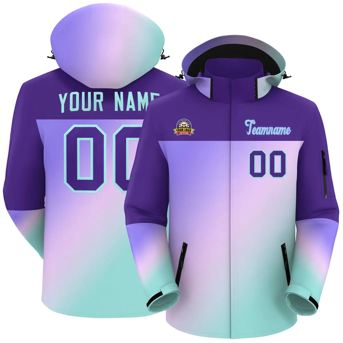 Purple Light Blue-Light Purple Gradient Hooded Waterproof Jacket