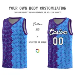 Purple Light Blue Puzzle Pattern Splid Basketball Kits 3