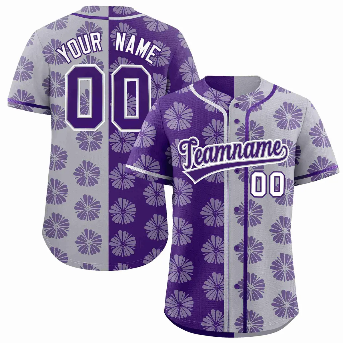 Purple Light Gray Split Flower Graffiti Baseball Jersey