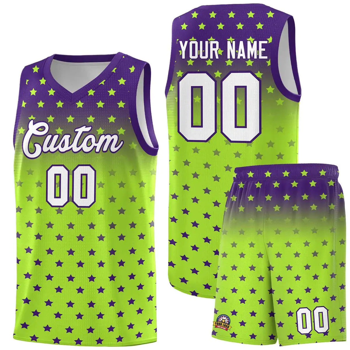 Purple Light Green Gradient Star Pattern Basketball Jersey Sets
